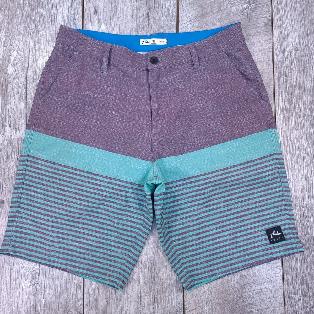 Rusty Hybrid Board Shorts Mens 30 Purple Teal Striped Classic Surf Walk Shorts